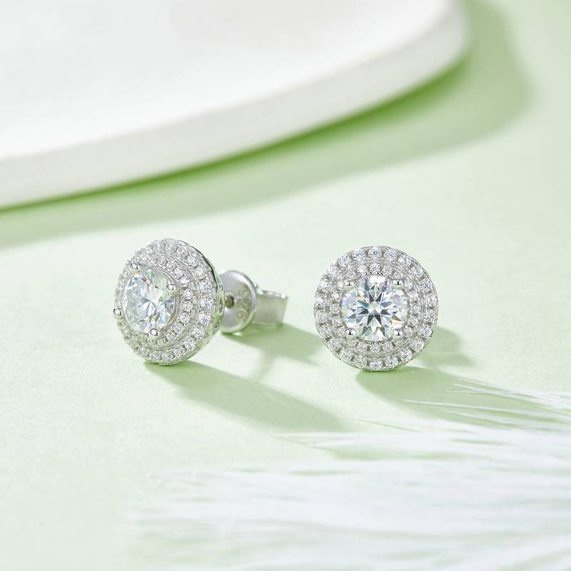 豪镶圆形S925银镀白金MoissanitePendantStud Earring套装